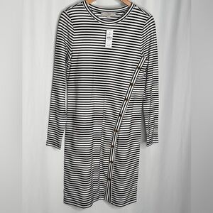 LOFT Black and White Striped Long Sleeve XS Dress w/ Button Accent